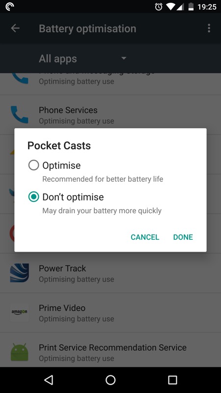 Battery optimisation screenshot